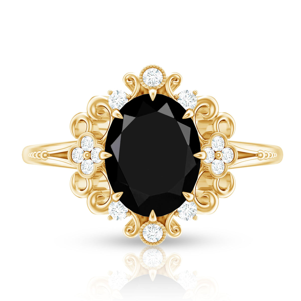 7X9mm Oval Cut Vintage Inspired Black Onyx Statement Ring with Diamond