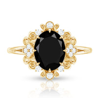 7X9mm Oval Cut Vintage Inspired Black Onyx Statement Ring with Diamond