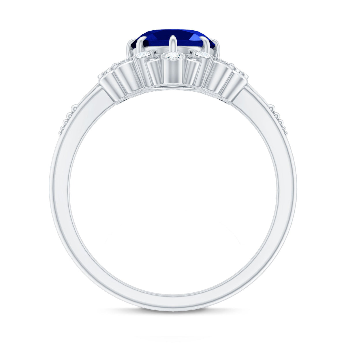 Vintage Style 4 Carat Oval Lab Grown Blue Sapphire Engagement Ring with Diamond