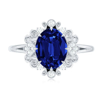 Vintage Style 4 Carat Oval Lab Grown Blue Sapphire Engagement Ring with Diamond