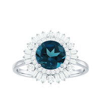 Round London Blue Topaz and Diamond Double Halo Cocktail Ring