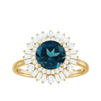 Round London Blue Topaz and Diamond Double Halo Cocktail Ring