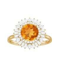 Genuine Citrine Double Halo Engagement Ring with Moissanite