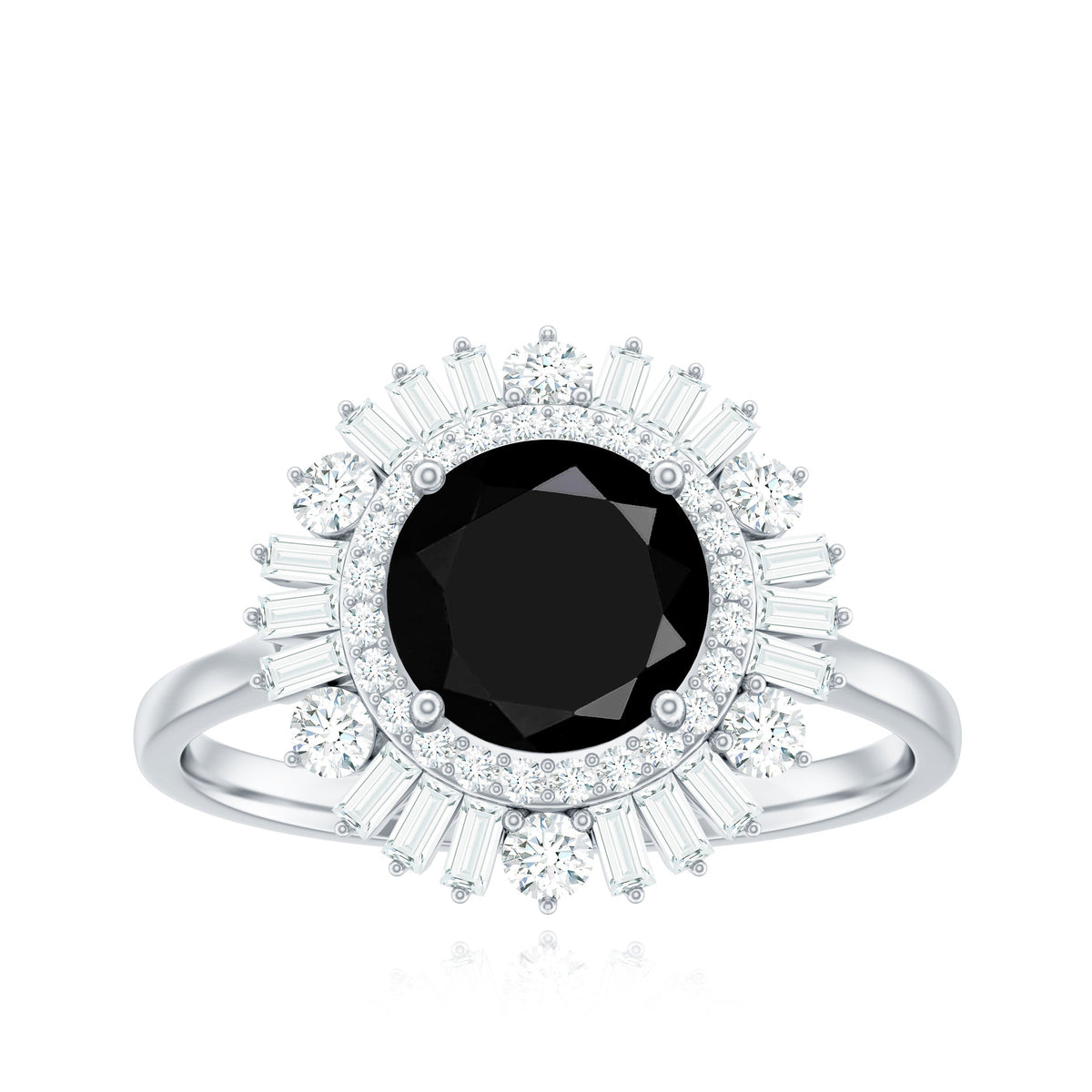 7mm Round Black Onyx Double Halo Cocktail Ring with Moissanite