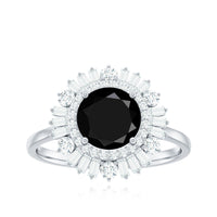 7mm Round Black Onyx Double Halo Cocktail Ring with Moissanite
