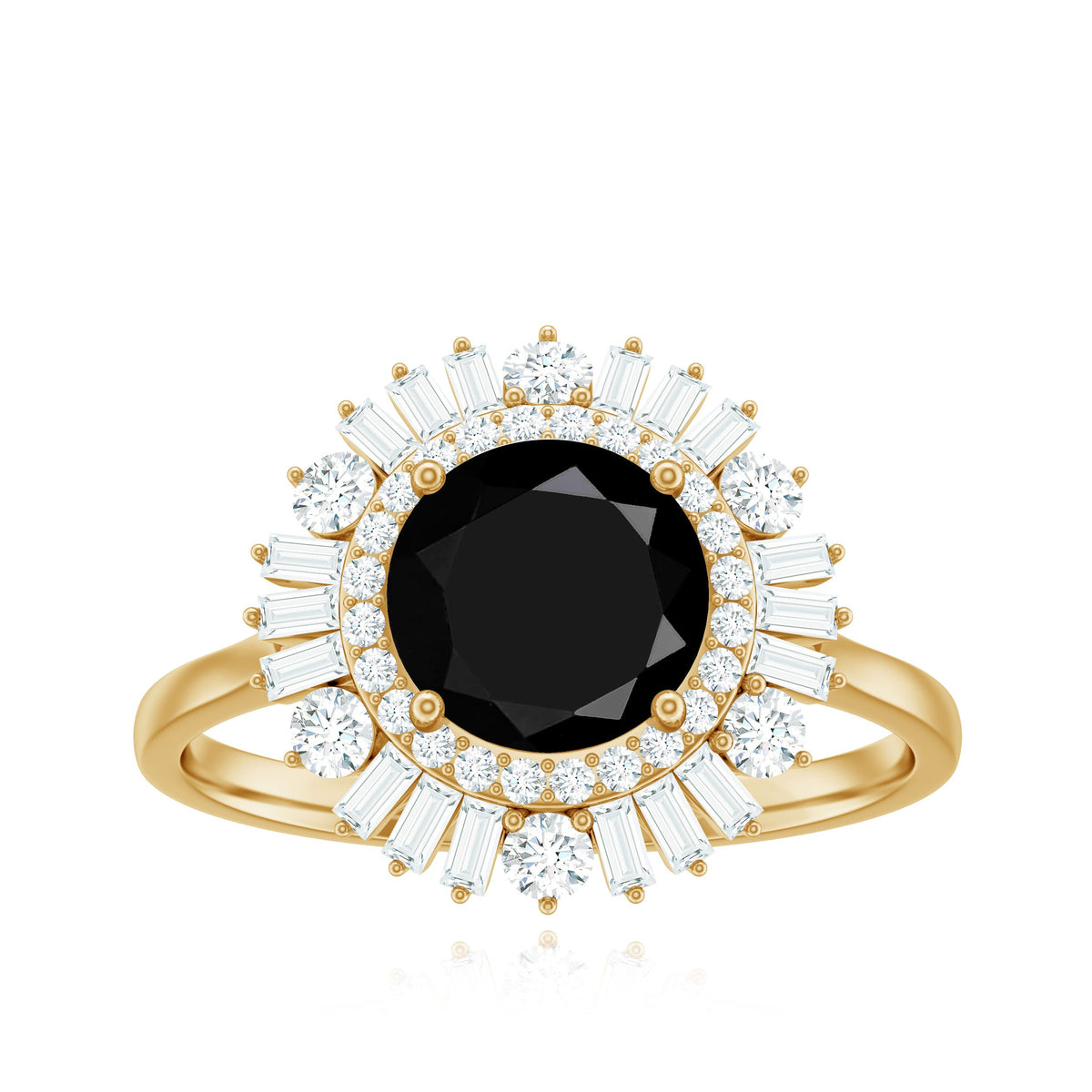 7mm Round Black Onyx Double Halo Cocktail Ring with Moissanite