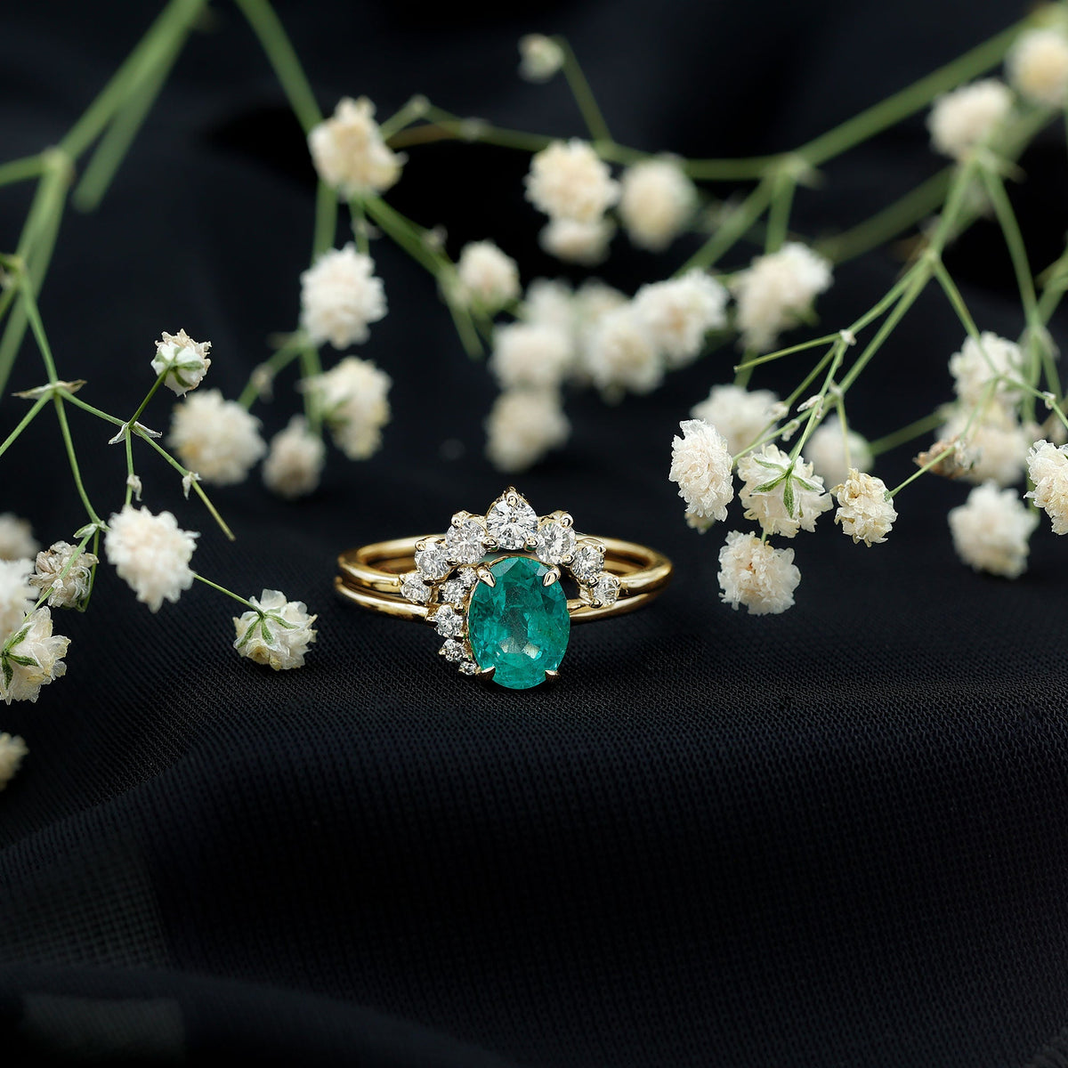 Natural Emerald Wedding Engagement Ring Set with Diamond