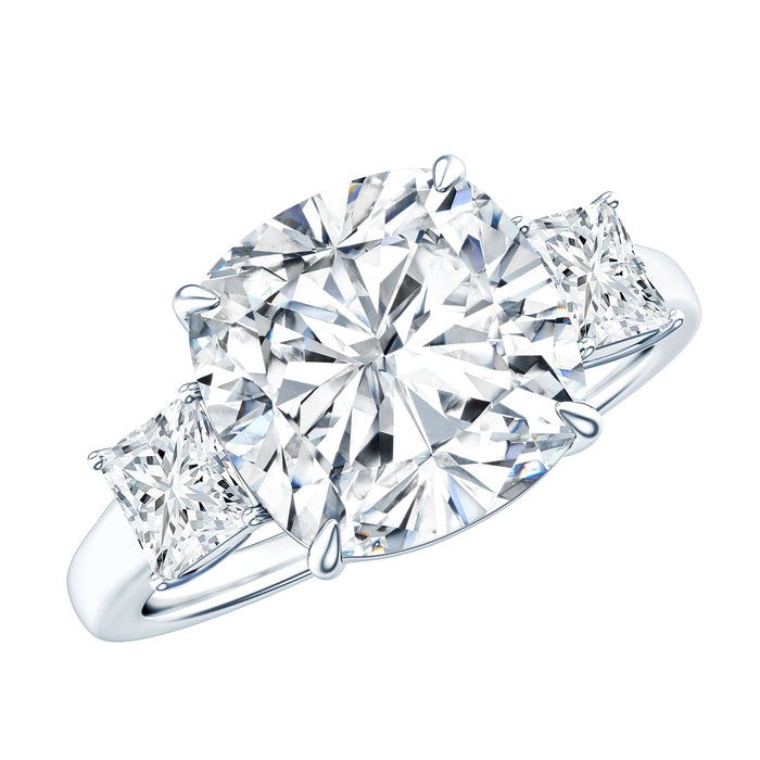 Rosec Jewels certified 6-carat cubic zirconia three-stone engagement ring with a sleek silver band and sparkling stones.