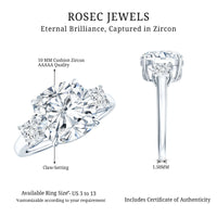 Cushion Cut Zircon Solitaire Engagement Ring with Side Stones
