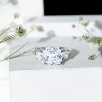 Cushion Cut Zircon Solitaire Engagement Ring with Side Stones