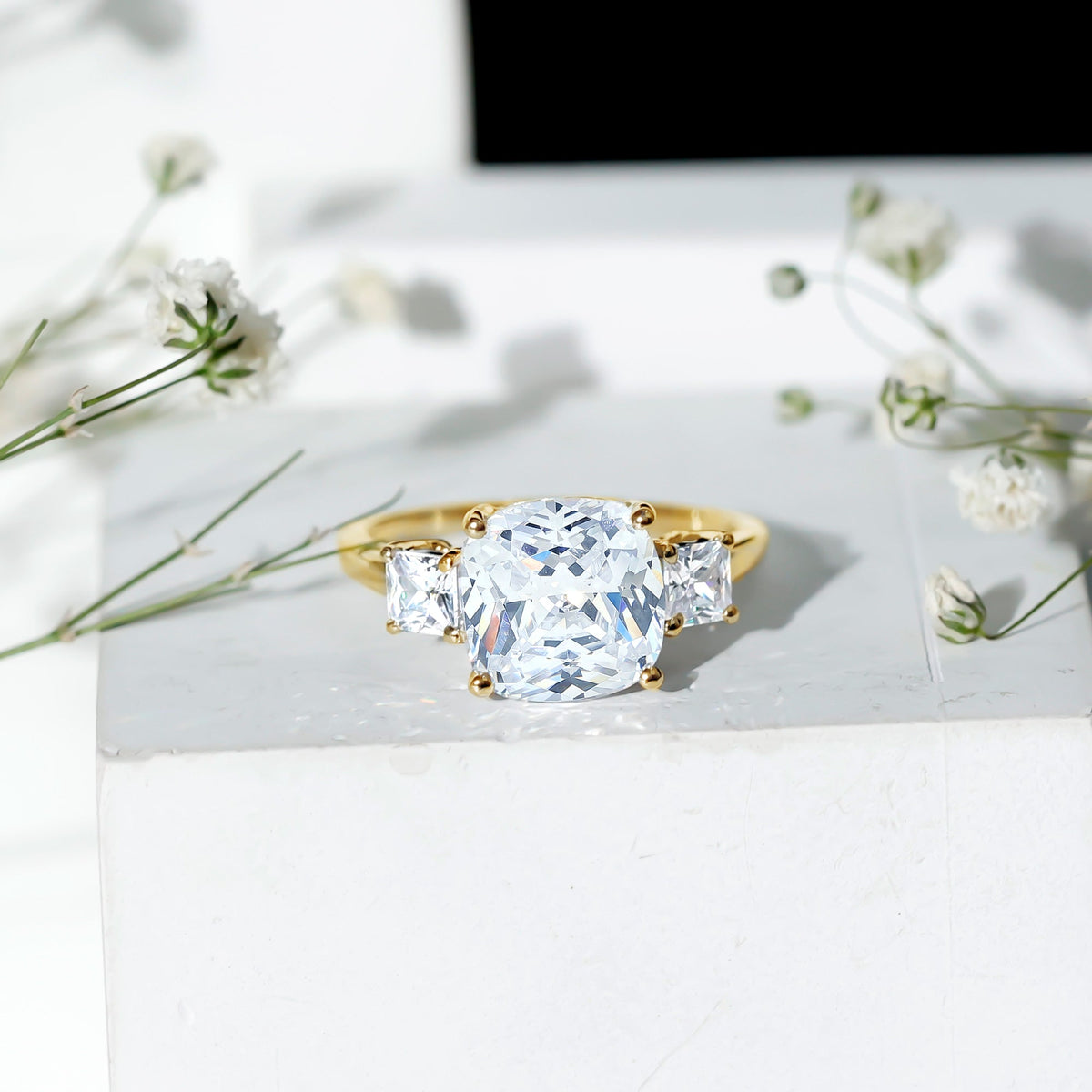 Cushion Cut Zircon Solitaire Engagement Ring with Side Stones