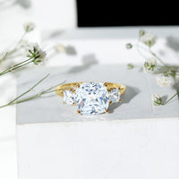Cushion Cut Zircon Solitaire Engagement Ring with Side Stones
