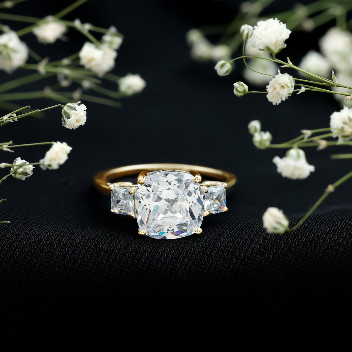 Cushion Cut Zircon Solitaire Engagement Ring with Side Stones