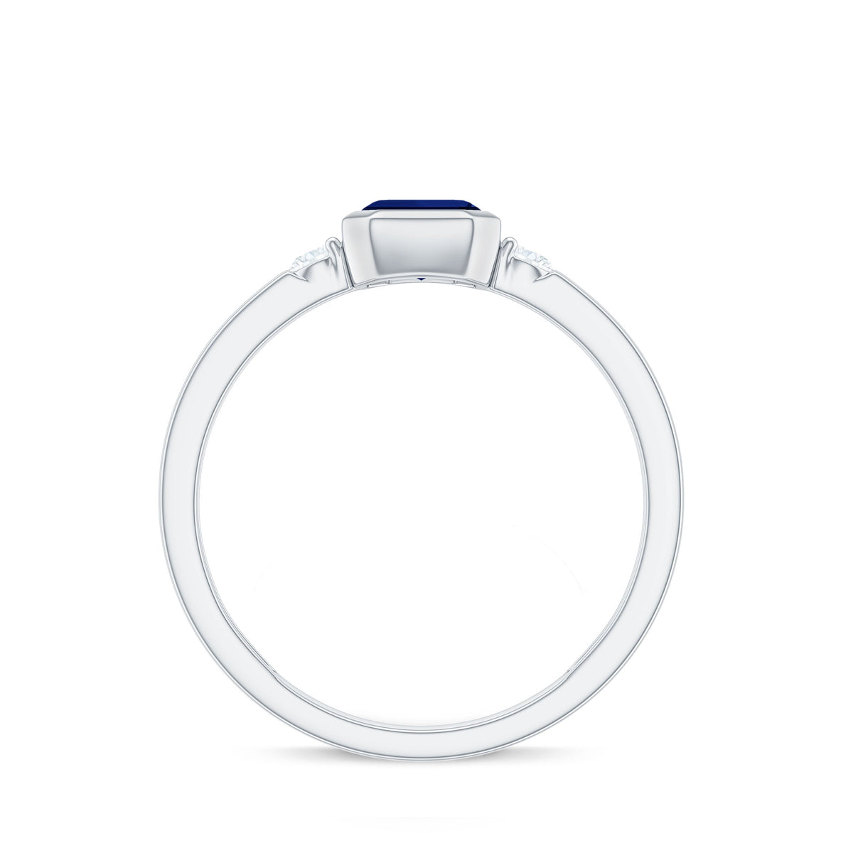 Bezel Set 1.75 Carat Lab Grown Blue Sapphire Emerald Cut Engagement Ring with Diamond