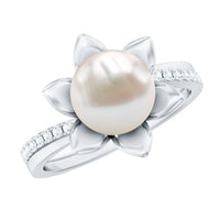 Natural 7.48 Carat White Pearl Flower Engagement Ring with Diamond