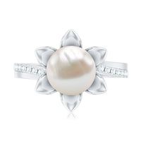 Natural 7.48 Carat White Pearl Flower Engagement Ring with Diamond