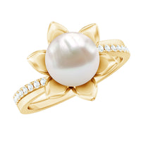 Natural 7.48 Carat White Pearl Flower Engagement Ring with Diamond