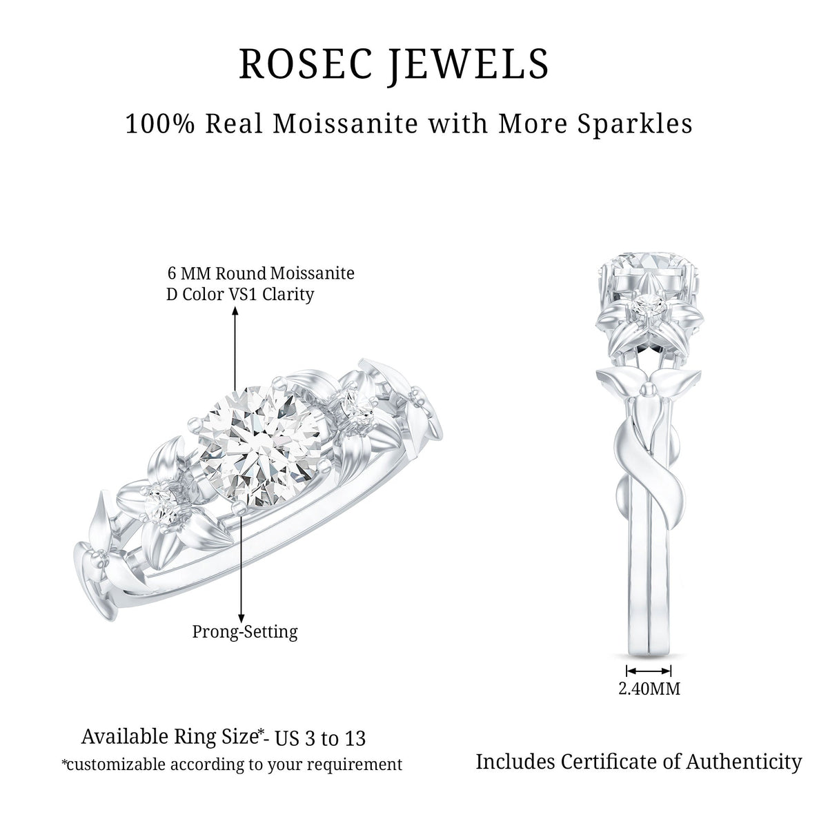 Round Cut 6 MM Moissanite Floral Engagement Ring