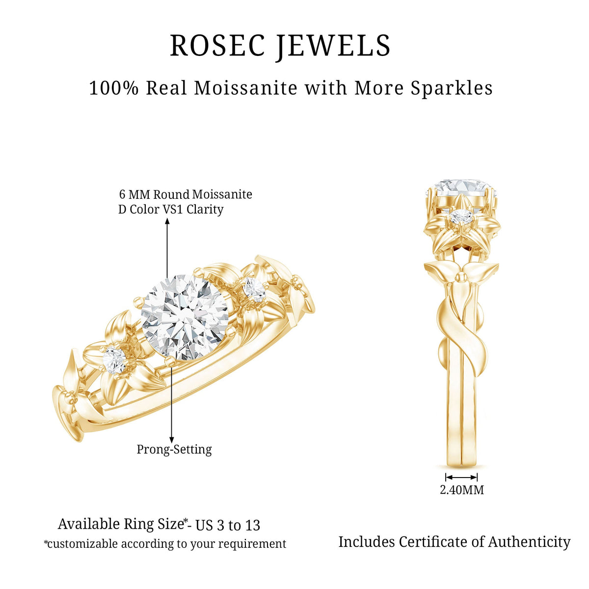 Round Cut 6 MM Moissanite Floral Engagement Ring