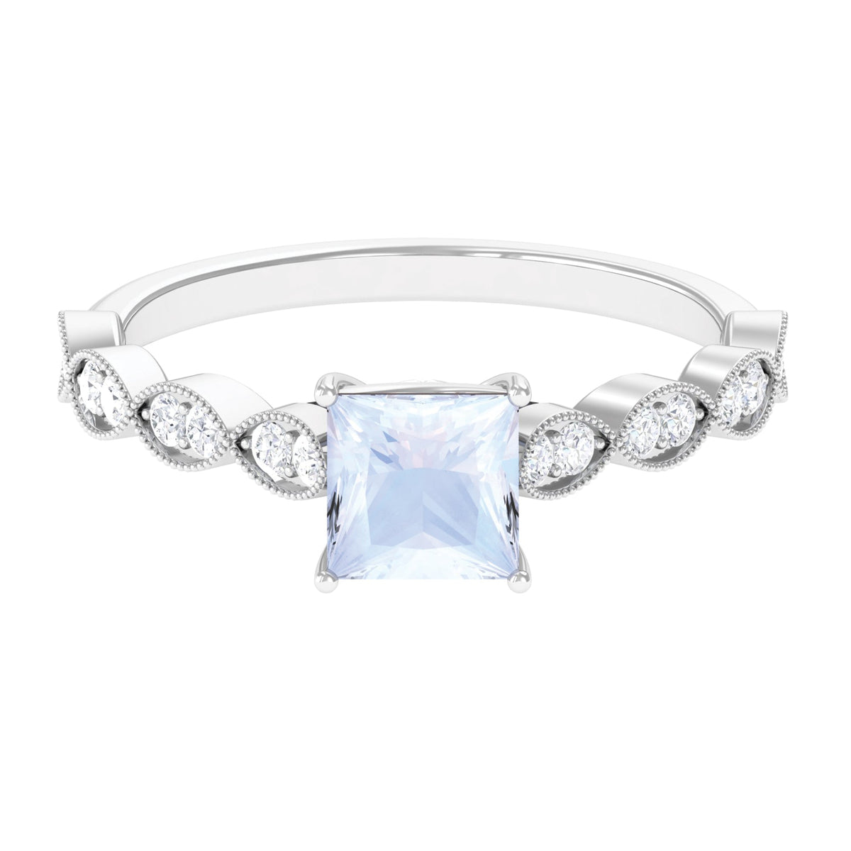 1 CT Princess Cut Moonstone Solitaire Ring with Diamond Side Stones