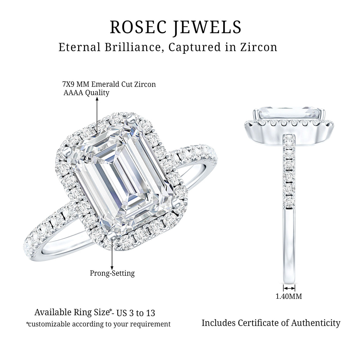 2.8 Carat Emerald Cut Cubic Zirconia Halo Engagement Ring