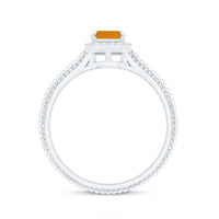 Natural Citrine Emerald Cut Engagement Ring with Diamond Halo