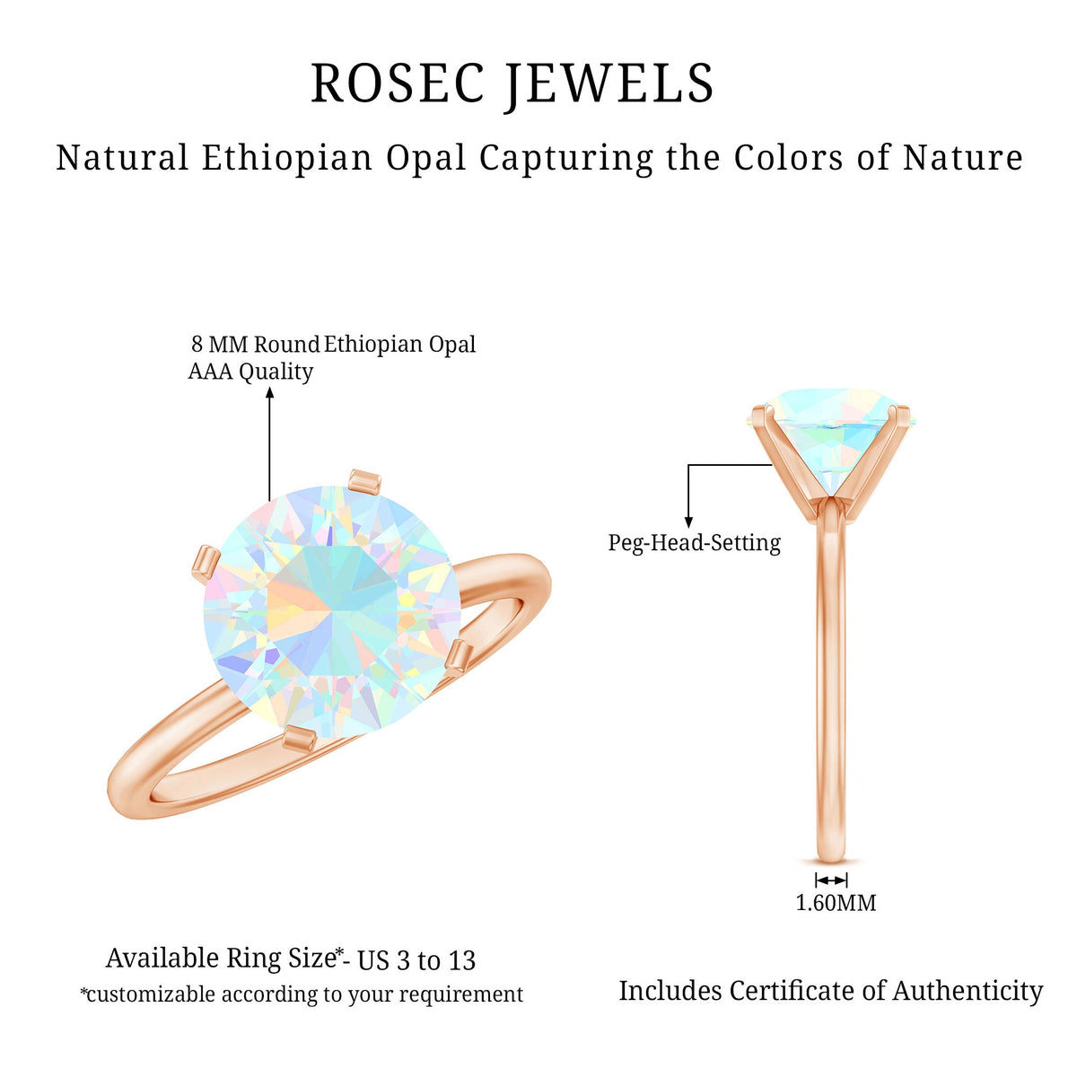 Classic 8mm Solitaire Ethiopian Opal October Birthstone Engagement Ring