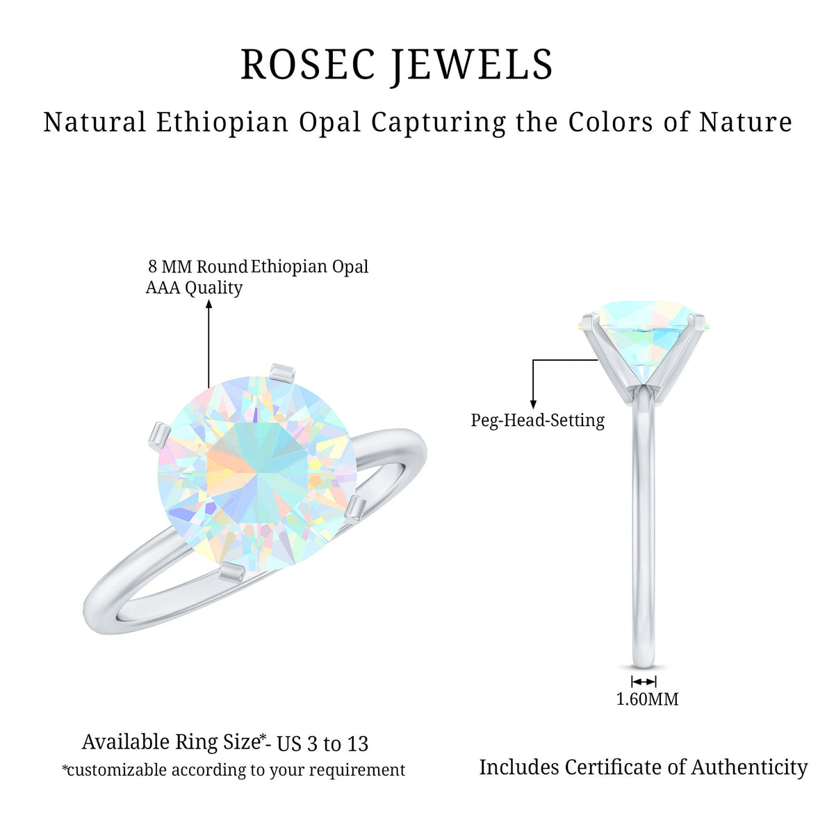 Classic 8mm Solitaire Ethiopian Opal October Birthstone Engagement Ring