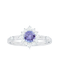 Minimal Tanzanite Engagement Ring with Diamond Halo