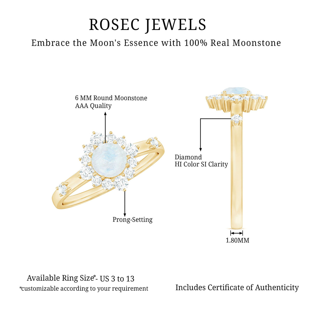 1 CT Round Moonstone and Diamond Halo Engagement Ring