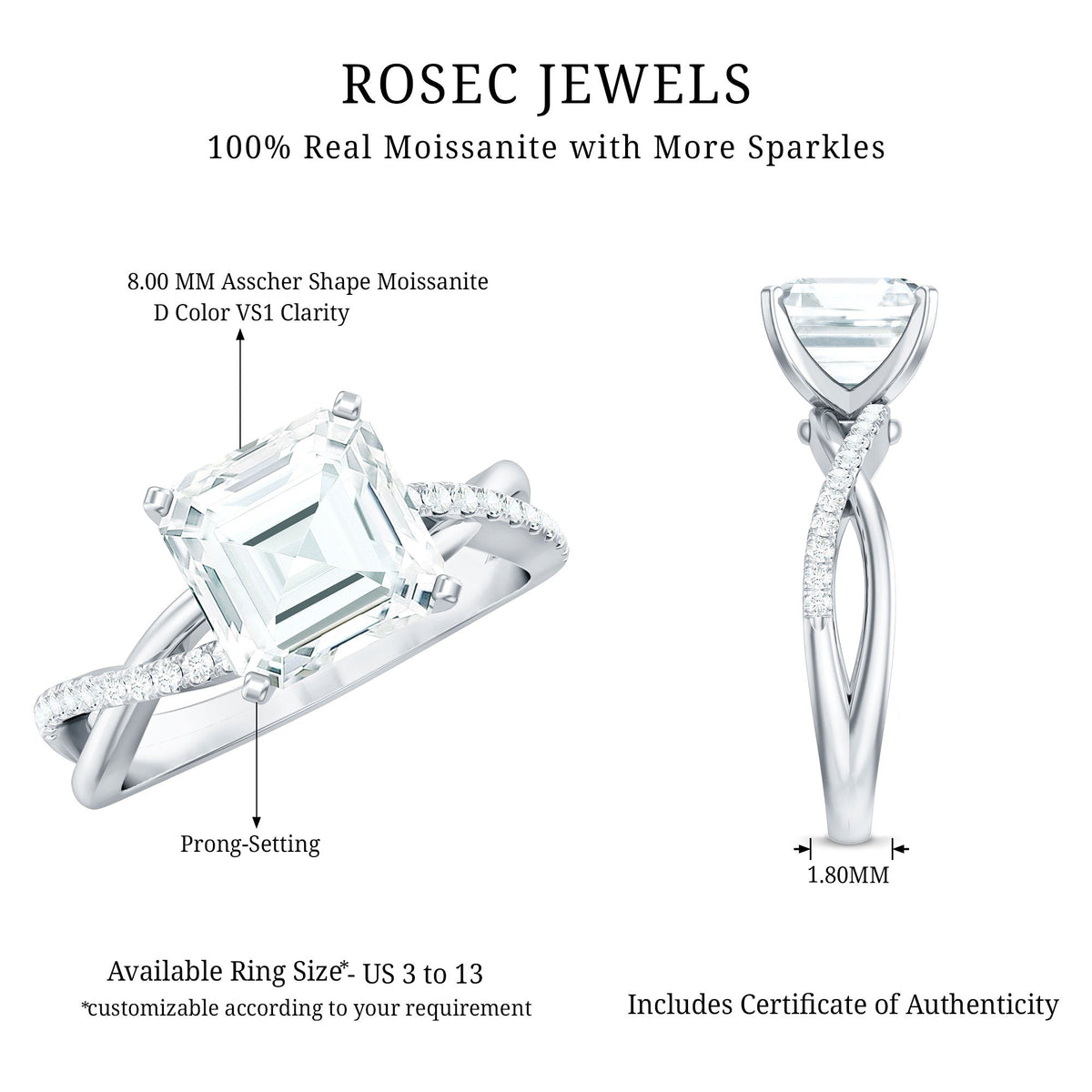 Certified Moissanite Asscher Cut Engagement Ring with Twisted Shank