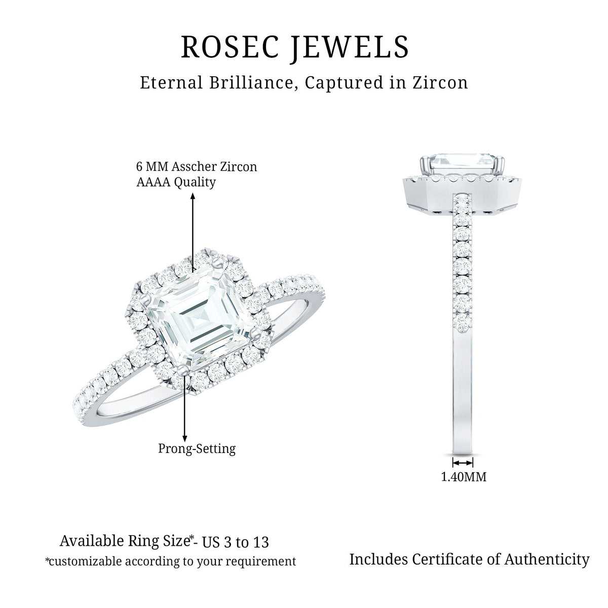 2.25 CT Asscher Cut Zircon Halo Engagement Ring in Gold