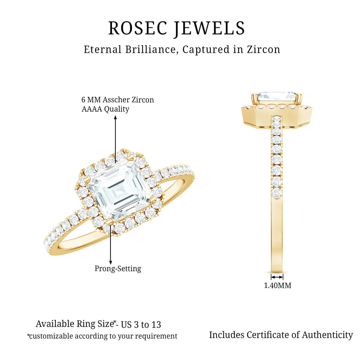 2.25 CT Asscher Cut Zircon Halo Engagement Ring in Gold