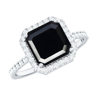 8mm Asscher Cut Black Onyx Halo Engagement Ring with Diamond