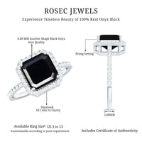 8mm Asscher Cut Black Onyx Halo Engagement Ring with Diamond