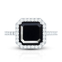 8mm Asscher Cut Black Onyx Halo Engagement Ring with Diamond