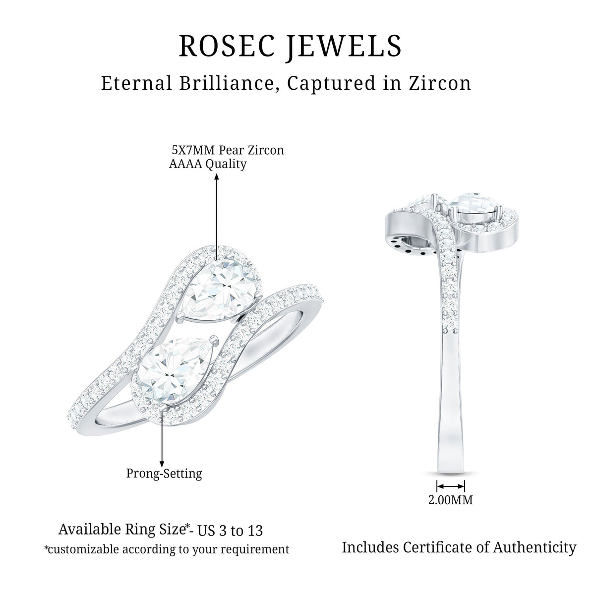 Pear Shaped Cubic Zirconia Two Stone Engagement Ring in Bypass Shank
