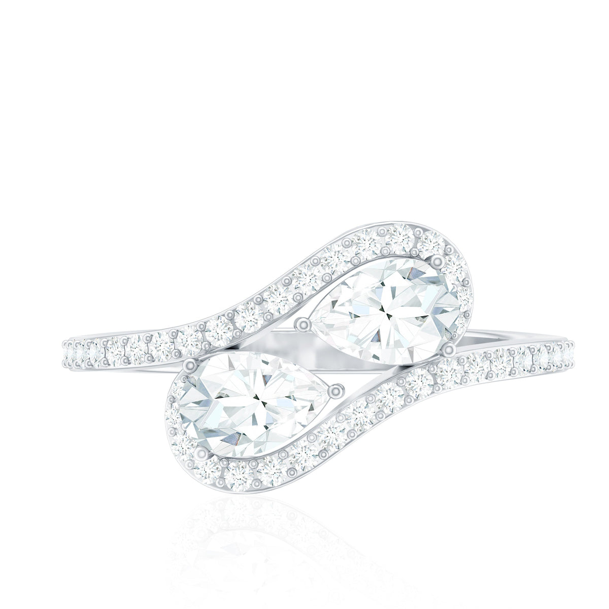 Pear Shaped Cubic Zirconia Two Stone Engagement Ring in Bypass Shank