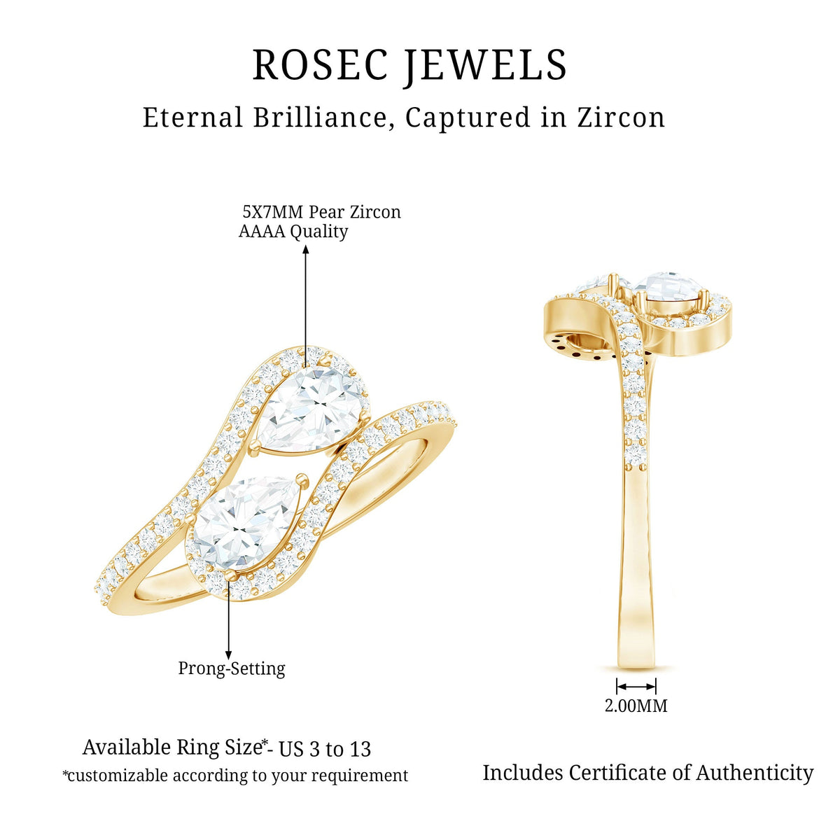 Pear Shaped Cubic Zirconia Two Stone Engagement Ring in Bypass Shank