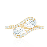Pear Shaped Cubic Zirconia Two Stone Engagement Ring in Bypass Shank