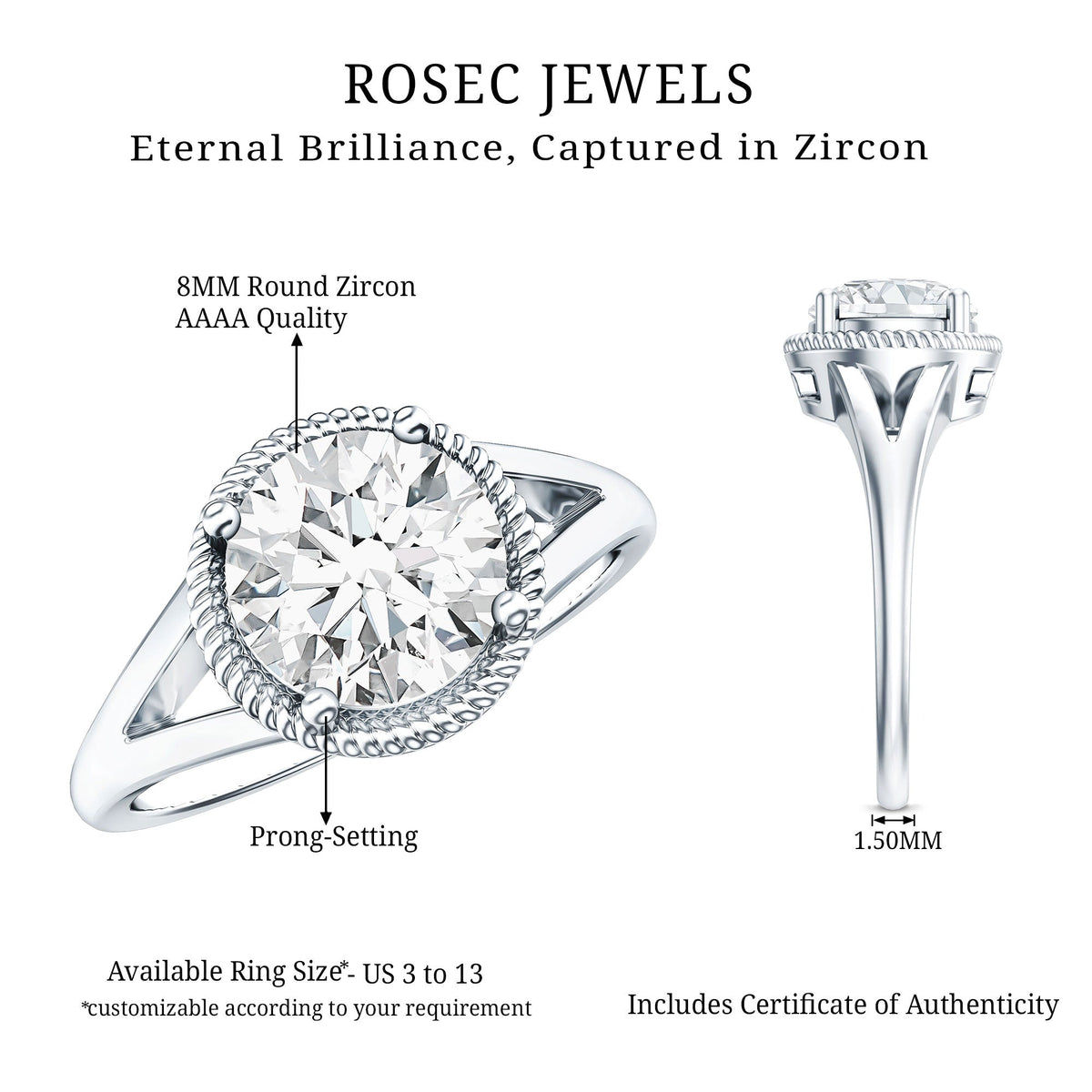 2 Carat Round Cubic Zirconia Solitaire Engagement Ring in Split Shank