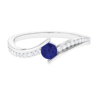 Round Genuine Blue Sapphire Bypass Engagement Ring with Diamond