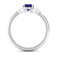Round 0.9 Carat Blue Sapphire Engagement Ring with Diamond Trio
