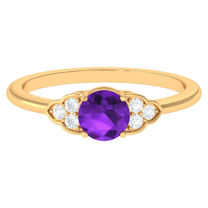 Elegant natural amethyst promise ring with diamond trio accents from Rosec Jewels, showcasing a polished gemstone and delicate band.