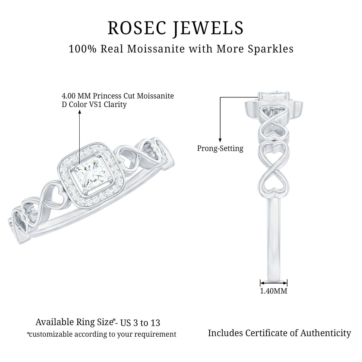 Certified Princess Cut Moissanite Infinity Engagement Ring
