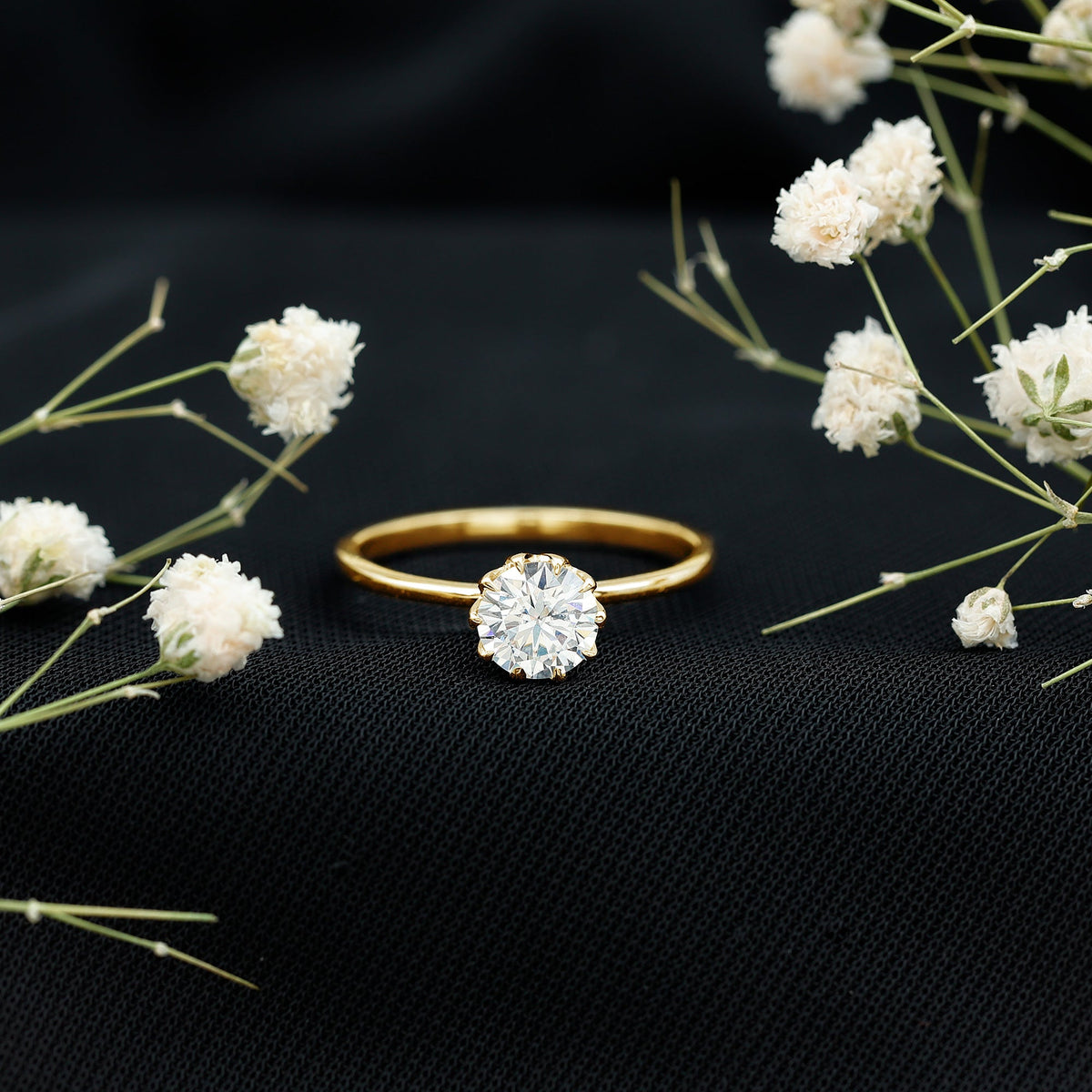1 CT Simulated Diamond Solitaire Ring in Lotus Basket Setting