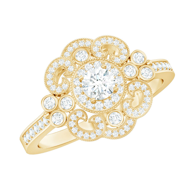 Antique-style moissanite engagement ring for women by Rosec Jewels with intricate vintage detailing and sparkling gemstone.