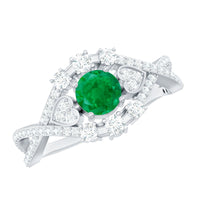 Natural Emerald Diamond Antique Style Engagement Ring with Crossover Shank