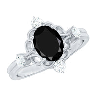 Vintage Style 1.9 Carat Lab Grown Black Diamond Oval Engagement Ring with White Diamond