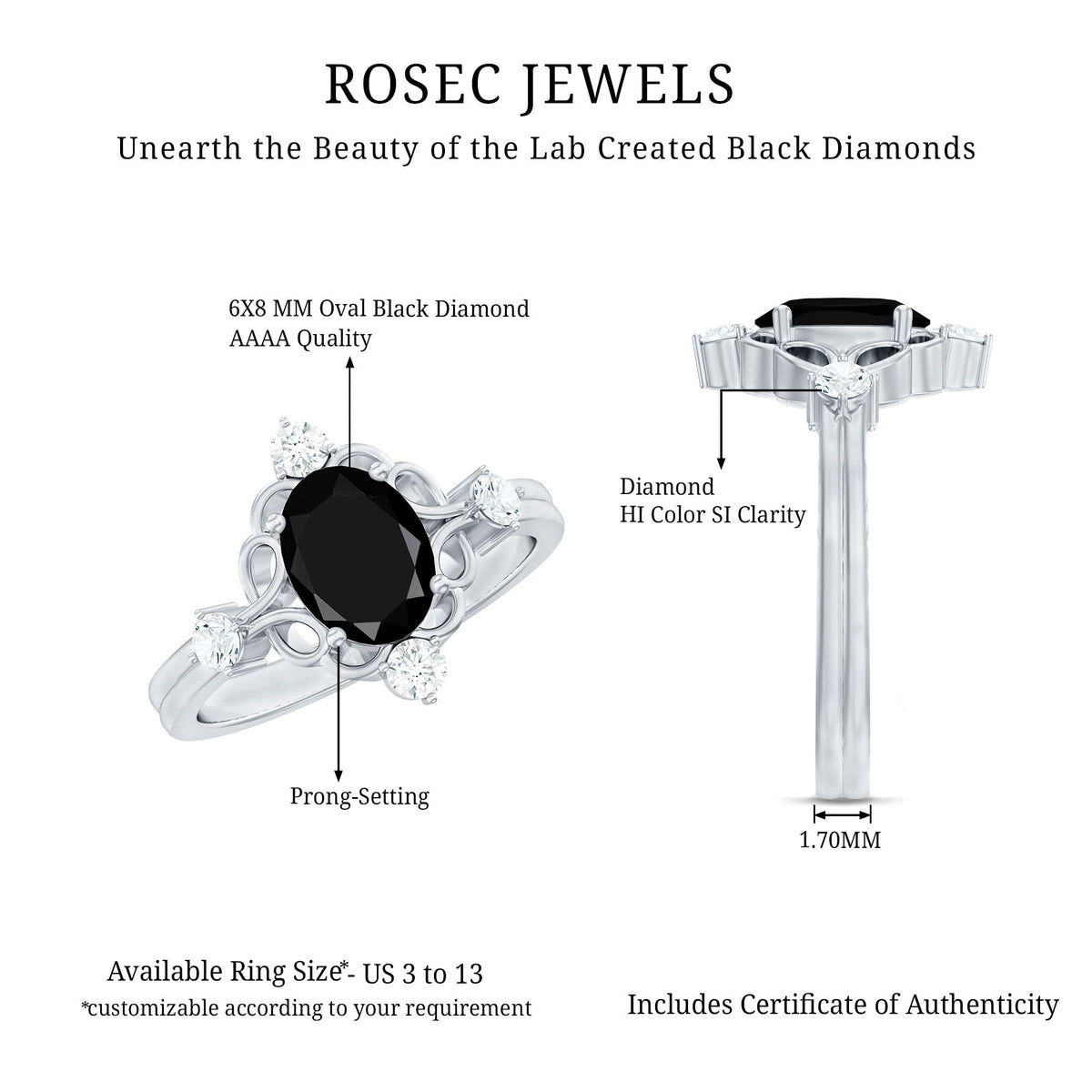 Vintage Style 1.9 Carat Lab Grown Black Diamond Oval Engagement Ring with White Diamond